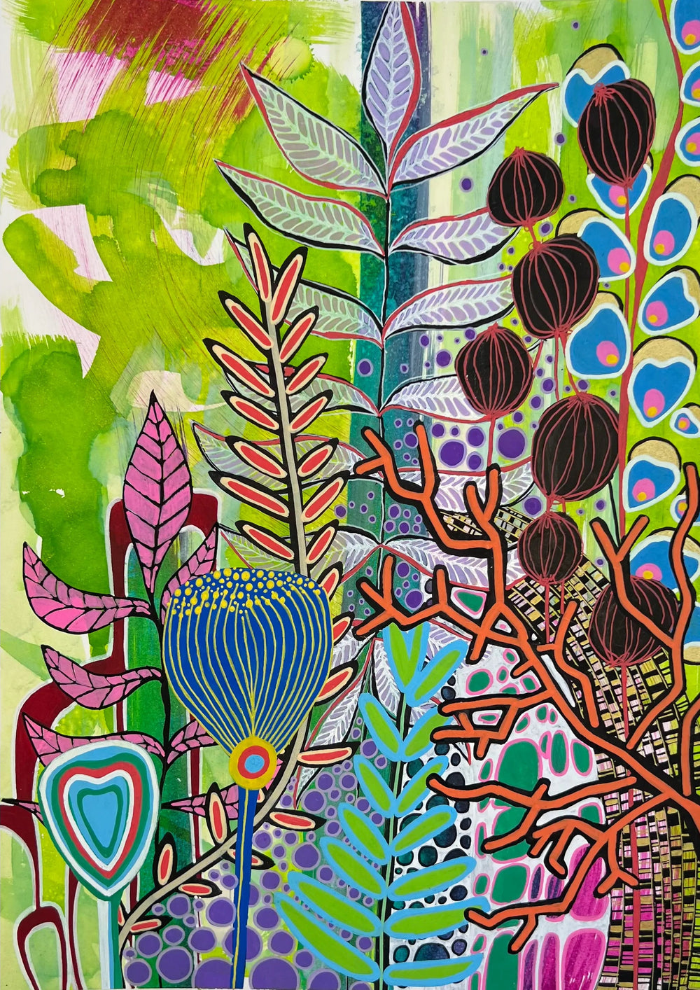 Colorful abstract artwork with leaves and a hedgehog